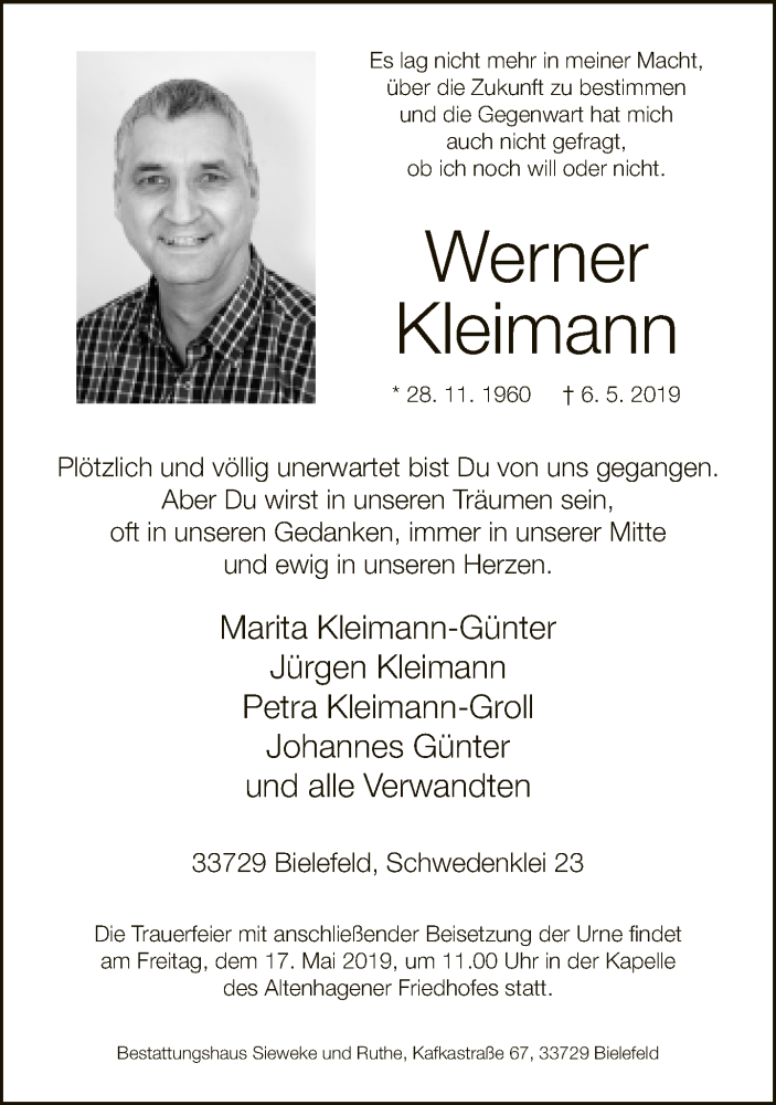  Traueranzeige für Werner Kleimann vom 11.05.2019 aus Neue Westfälische