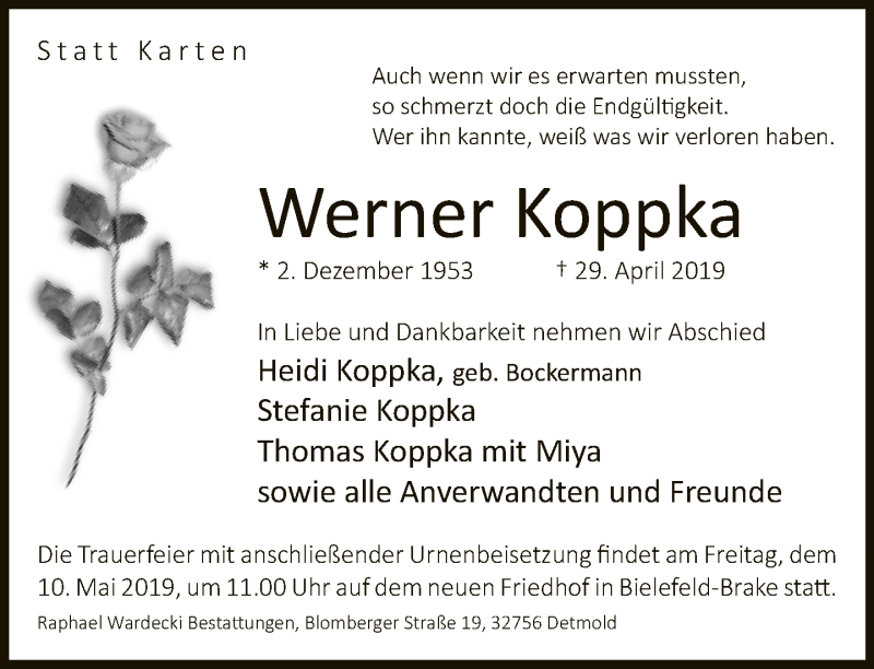  Traueranzeige für Werner Koppka vom 04.05.2019 aus Neue Westfälische