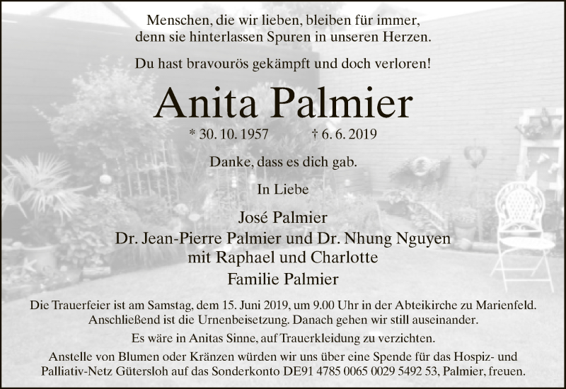  Traueranzeige für Anita Palmier vom 11.06.2019 aus Neue Westfälische
