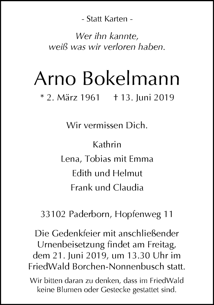  Traueranzeige für Arno Bokelmann vom 18.06.2019 aus Neue Westfälische