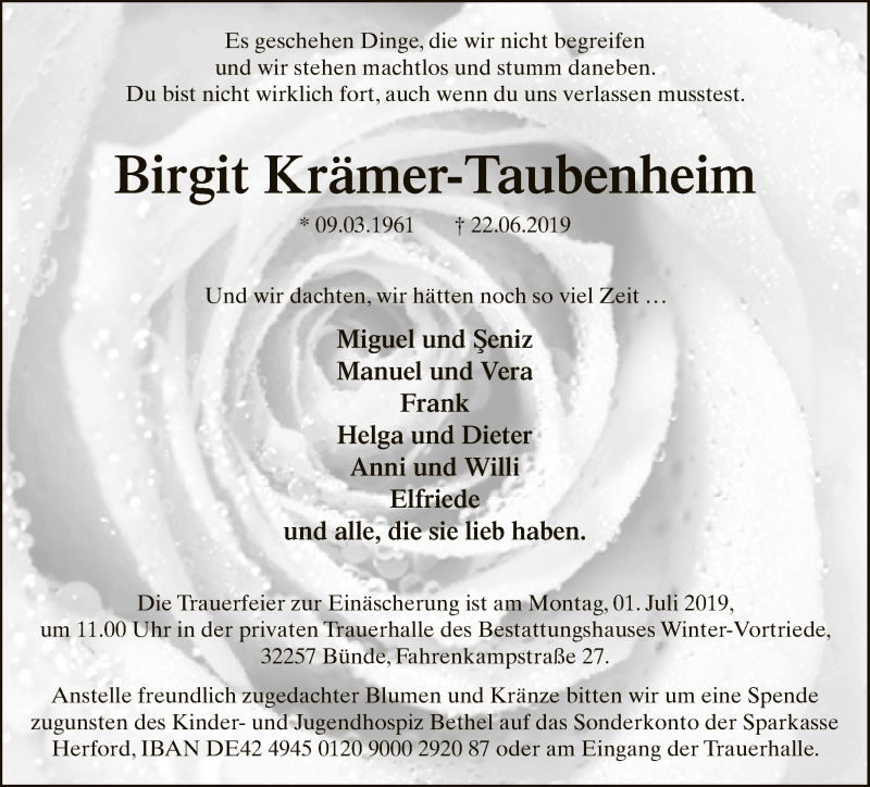  Traueranzeige für Birgit Krämer-Taubenheim vom 26.06.2019 aus Neue Westfälische