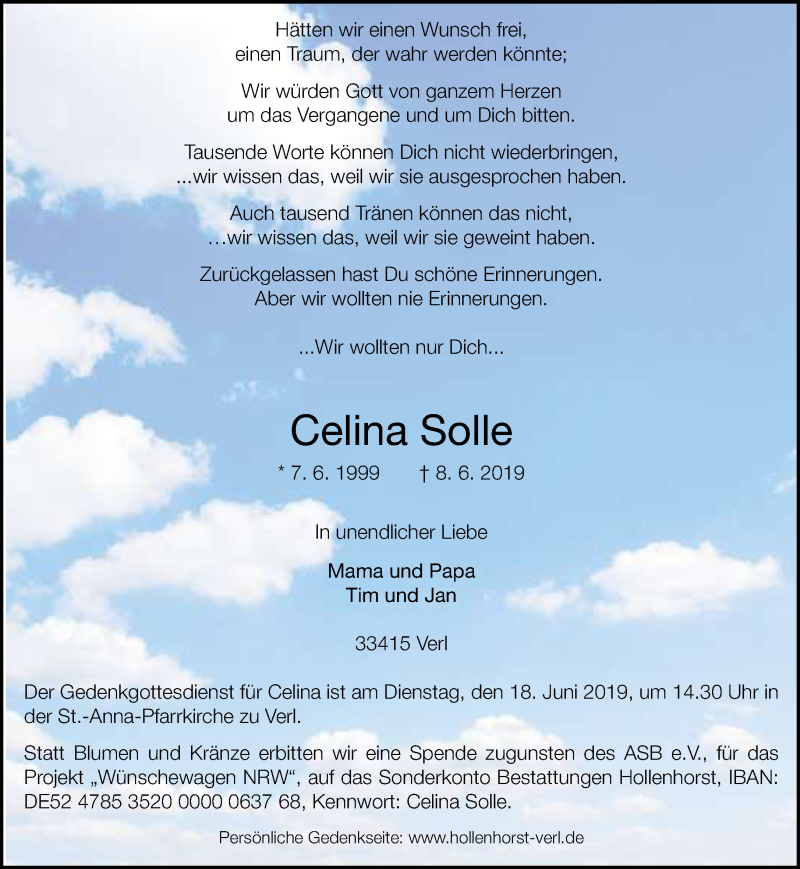  Traueranzeige für Celina Solle vom 15.06.2019 aus Neue Westfälische