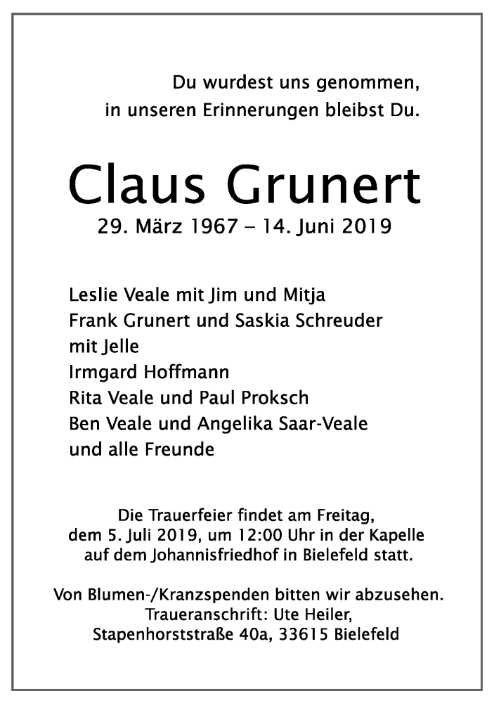  Traueranzeige für Claus Grunert vom 29.06.2019 aus Neue Westfälische