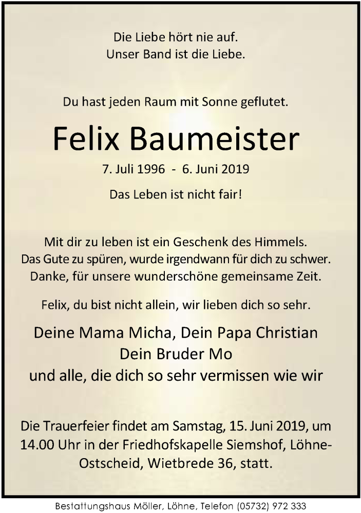  Traueranzeige für Felix Baumeister vom 13.06.2019 aus Neue Westfälische