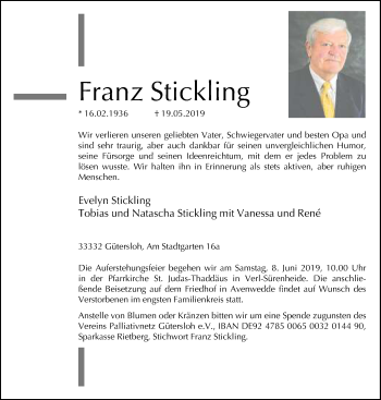 Traueranzeige von Franz Stickling