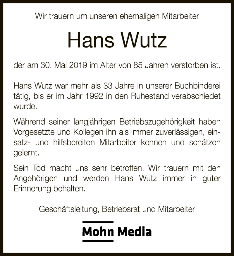 Traueranzeige für Hans Wutz vom 05.06.2019 aus Neue Westfälische