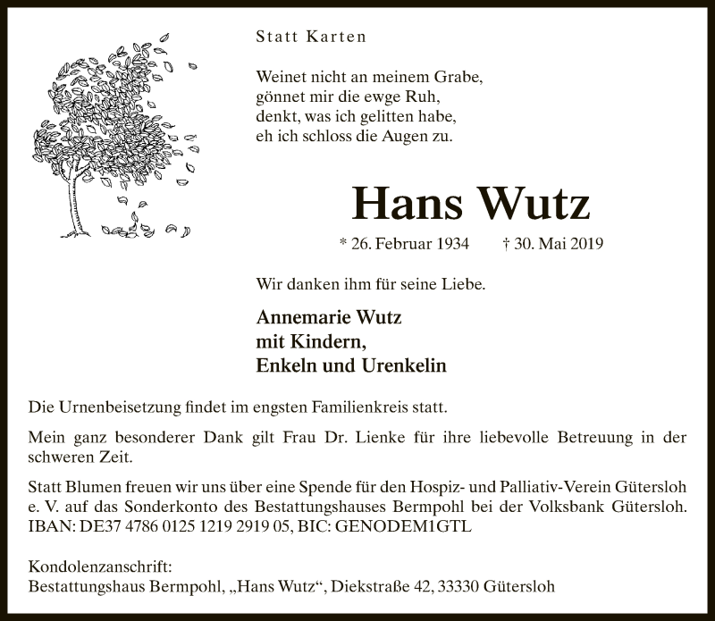  Traueranzeige für Hans Wutz vom 04.06.2019 aus Neue Westfälische