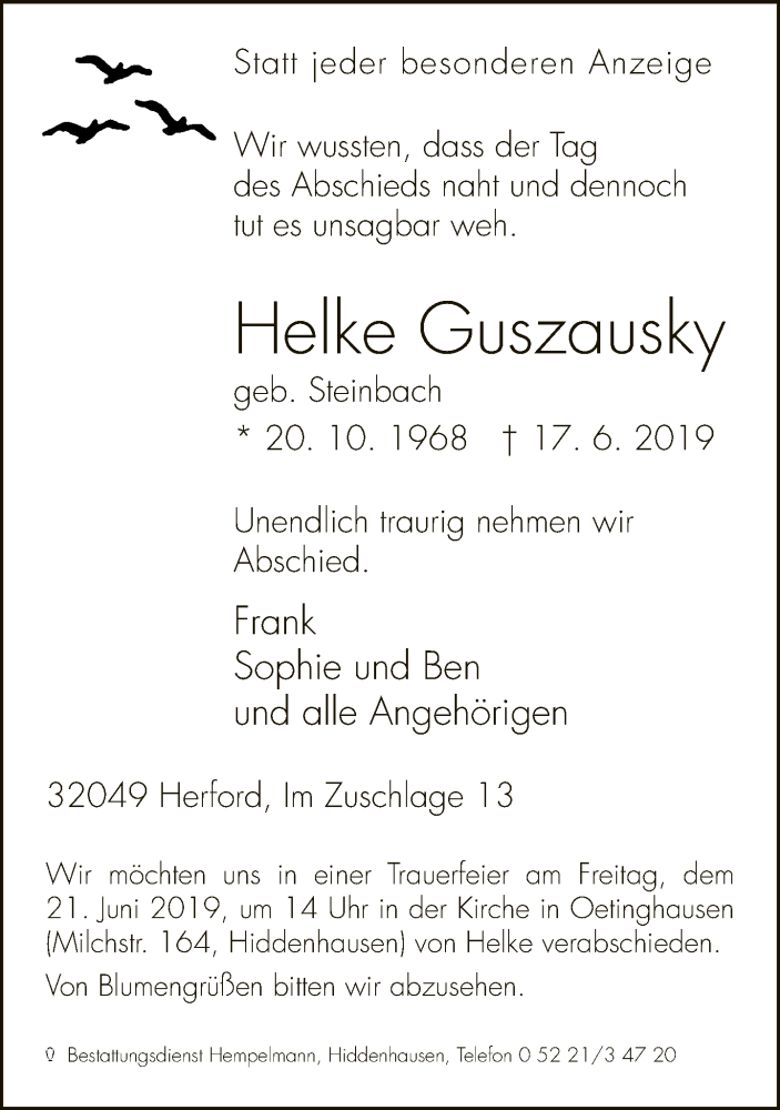  Traueranzeige für Helke Guszausky vom 18.06.2019 aus Neue Westfälische