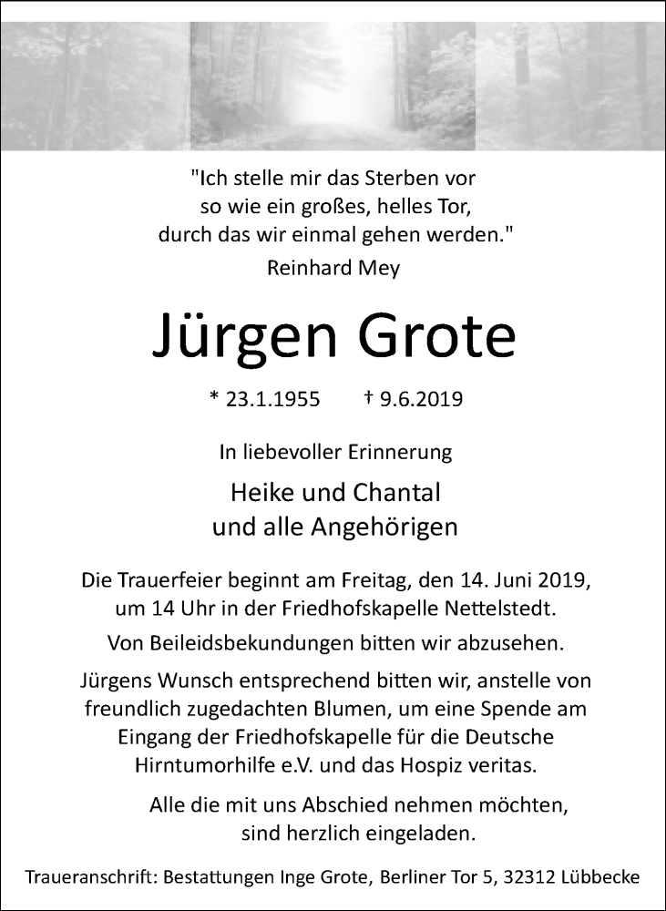  Traueranzeige für Jürgen Grote vom 12.06.2019 aus Neue Westfälische