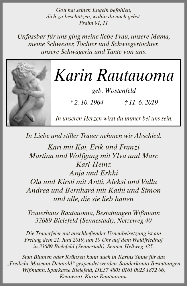  Traueranzeige für Karin Rautauoma vom 15.06.2019 aus Neue Westfälische