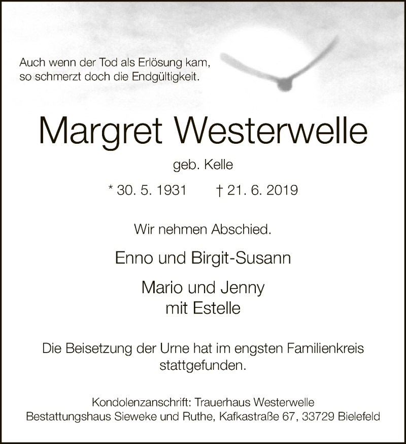  Traueranzeige für Margret Westerwelle vom 29.06.2019 aus Neue Westfälische