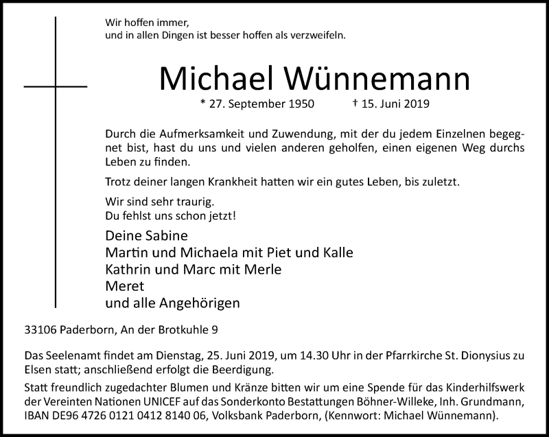  Traueranzeige für Michael Wünnemann vom 19.06.2019 aus Neue Westfälische