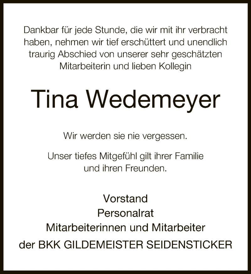  Traueranzeige für Tina Wedemeyer vom 15.06.2019 aus Neue Westfälische
