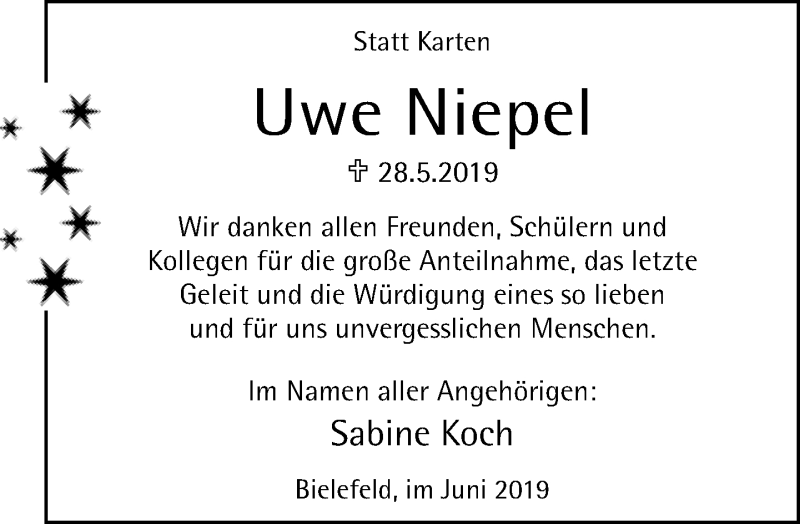  Traueranzeige für Uwe Niepel vom 22.06.2019 aus Neue Westfälische