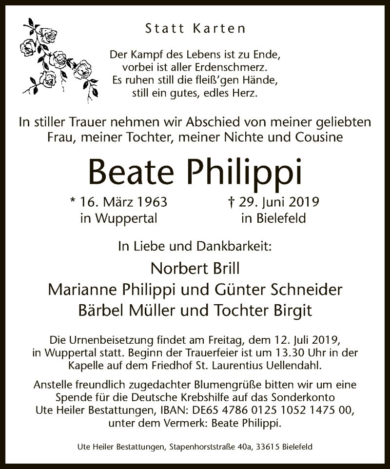  Traueranzeige für Beate Philippi vom 06.07.2019 aus Neue Westfälische