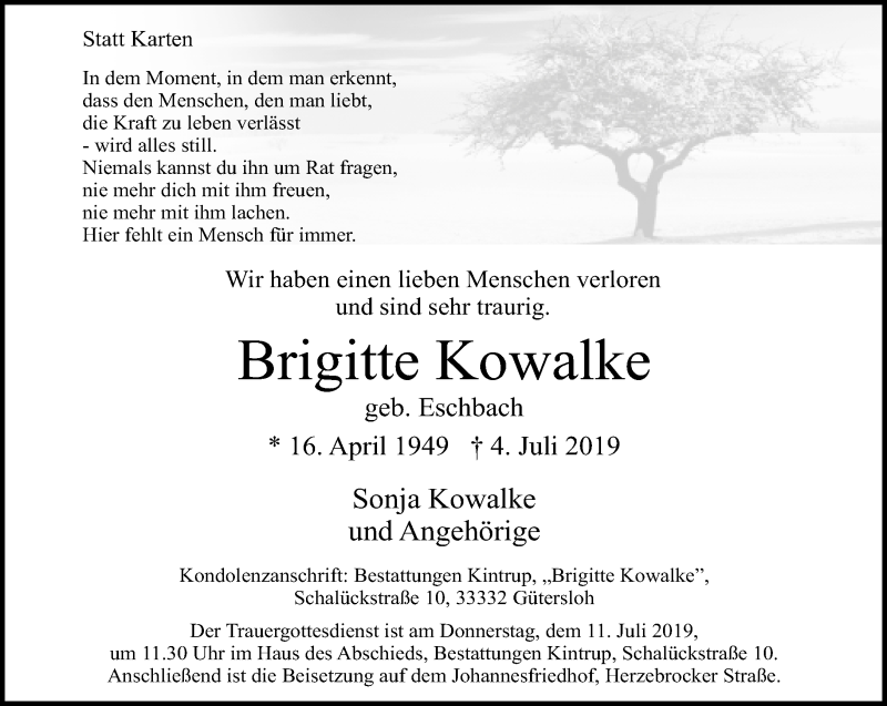  Traueranzeige für Brigitte Kowalke vom 08.07.2019 aus Neue Westfälische