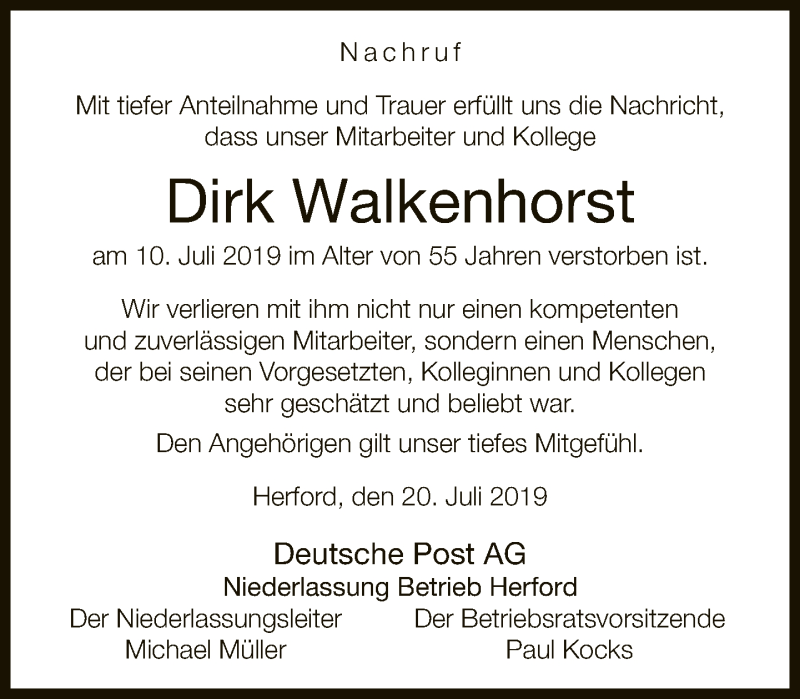  Traueranzeige für Dirk Walkenhorst vom 20.07.2019 aus Neue Westfälische