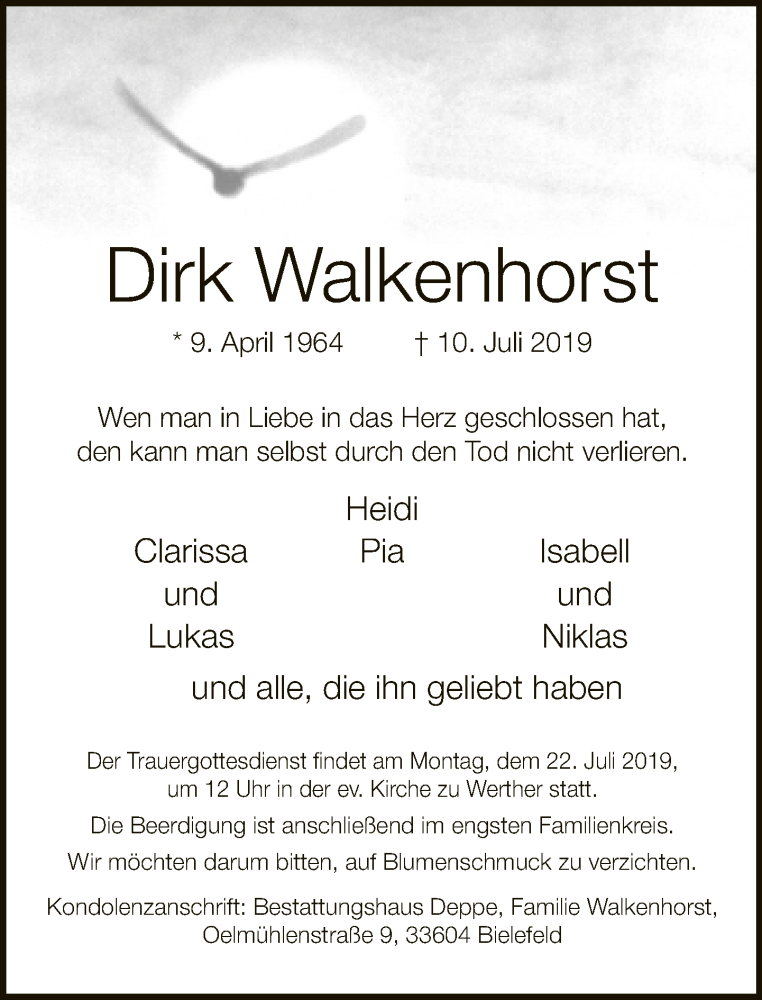  Traueranzeige für Dirk Walkenhorst vom 17.07.2019 aus Neue Westfälische