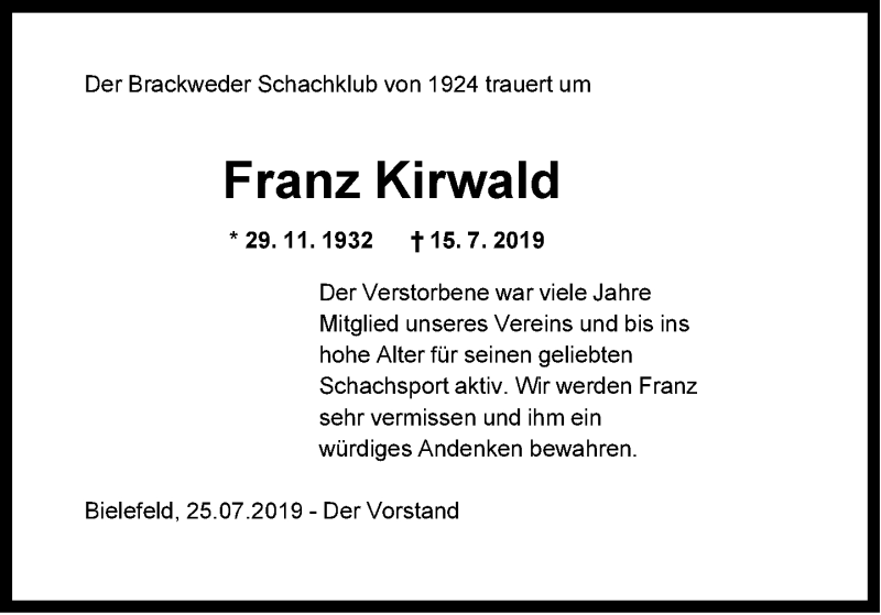  Traueranzeige für Franz Kirwald vom 26.07.2019 aus Neue Westfälische