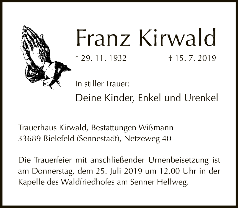  Traueranzeige für Franz Kirwald vom 20.07.2019 aus Neue Westfälische