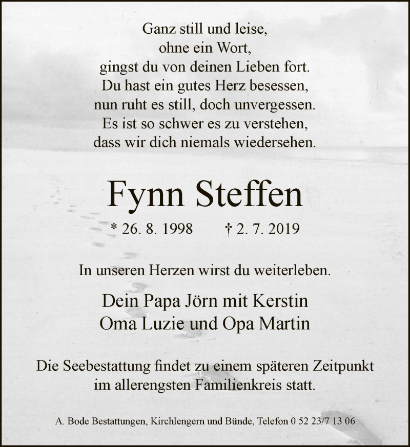  Traueranzeige für Fynn Steffen vom 06.07.2019 aus Neue Westfälische