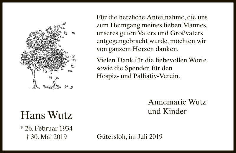  Traueranzeige für Hans Wutz vom 06.07.2019 aus Neue Westfälische