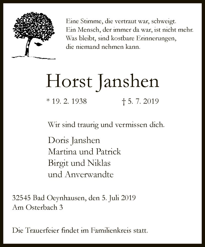  Traueranzeige für Horst Janshen vom 17.07.2019 aus Neue Westfälische