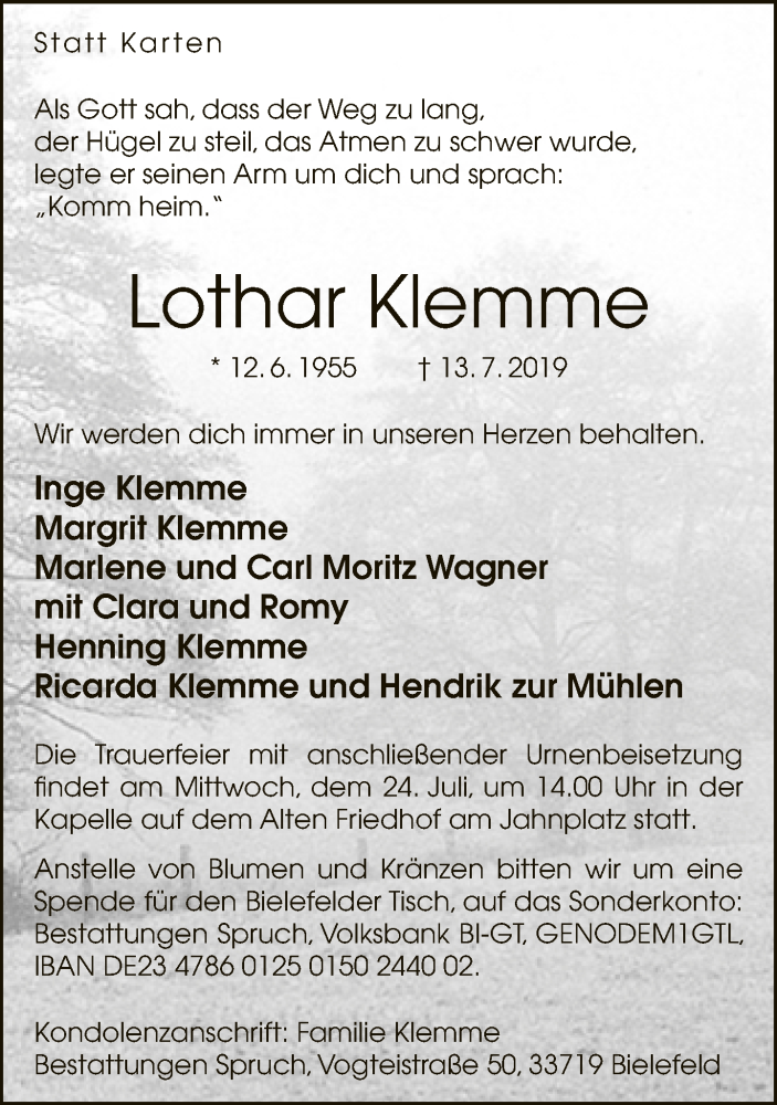  Traueranzeige für Lothar Klemme vom 17.07.2019 aus Neue Westfälische