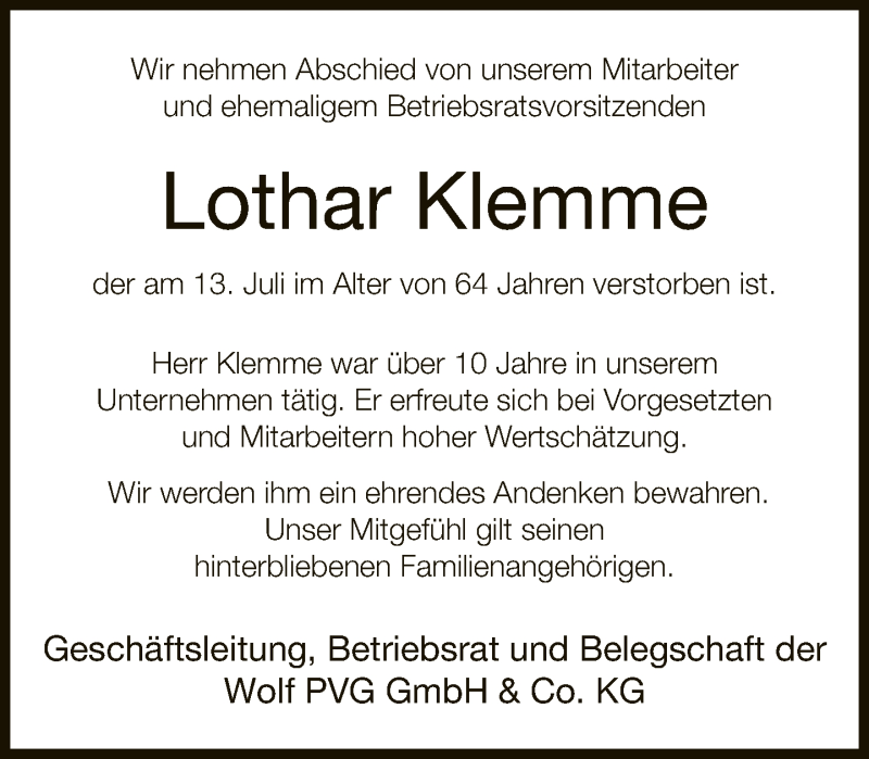  Traueranzeige für Lothar Klemme vom 19.07.2019 aus Neue Westfälische