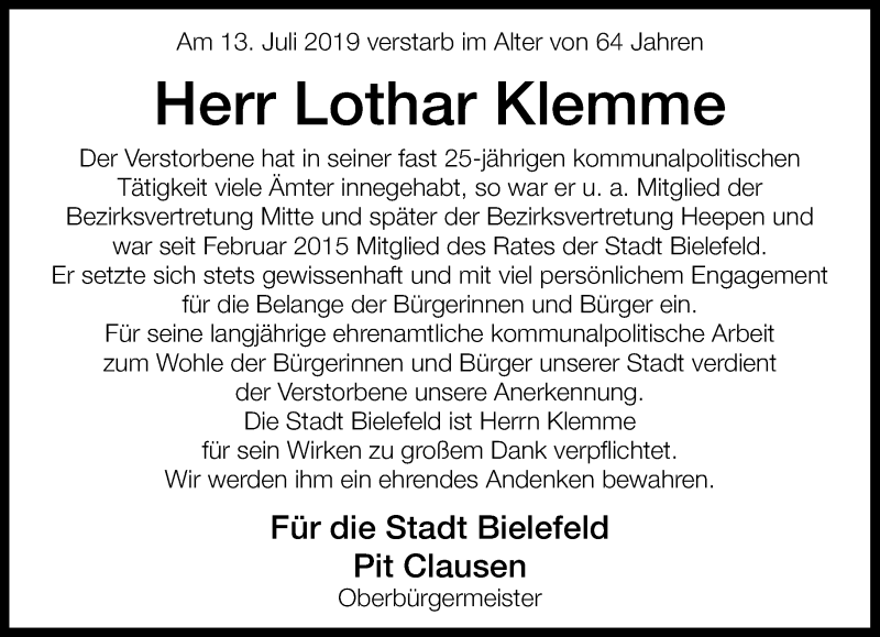  Traueranzeige für Lothar Klemme vom 18.07.2019 aus Neue Westfälische