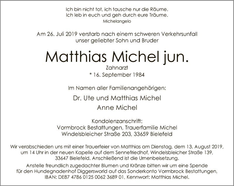  Traueranzeige für Matthias Michel vom 31.07.2019 aus Neue Westfälische