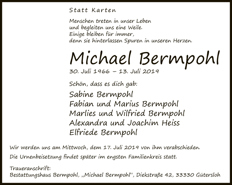  Traueranzeige für Michael Bermpohl vom 15.07.2019 aus Neue Westfälische