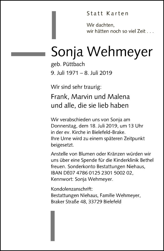  Traueranzeige für Sonja Wehmeyer vom 13.07.2019 aus Neue Westfälische