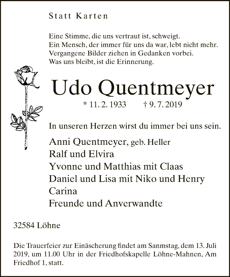  Traueranzeige für Udo Quentmeyer vom 11.07.2019 aus Neue Westfälische