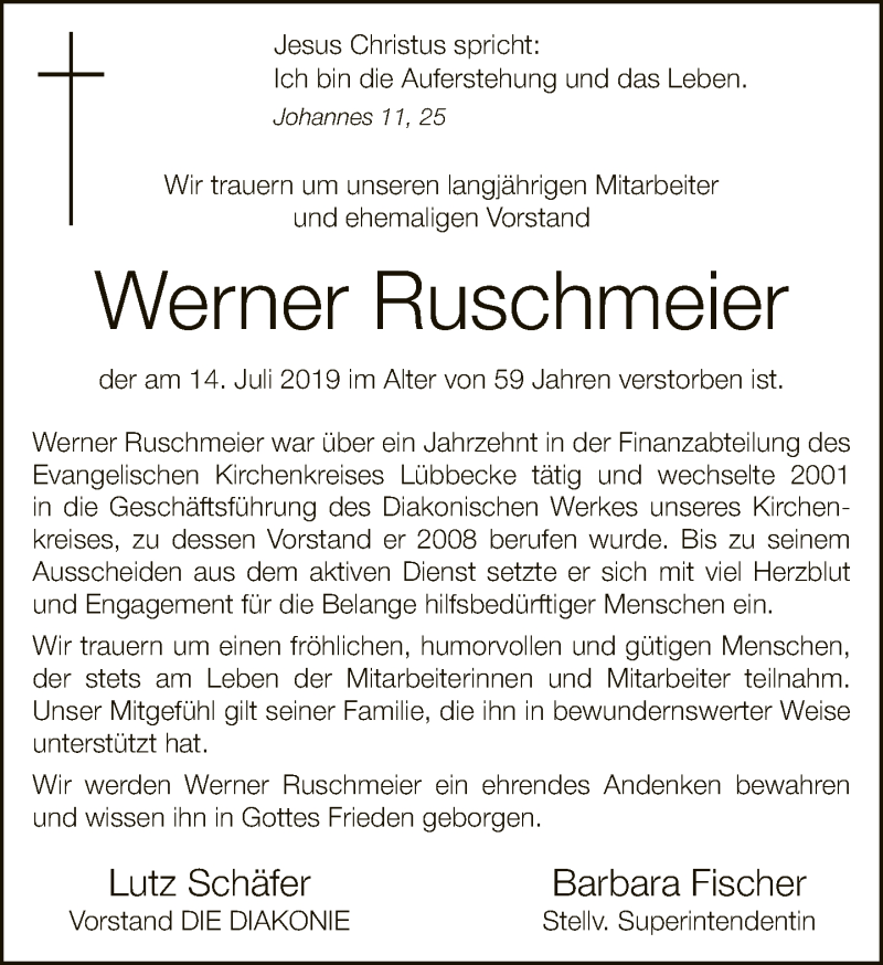  Traueranzeige für Werner Ruschmeier vom 19.07.2019 aus Neue Westfälische