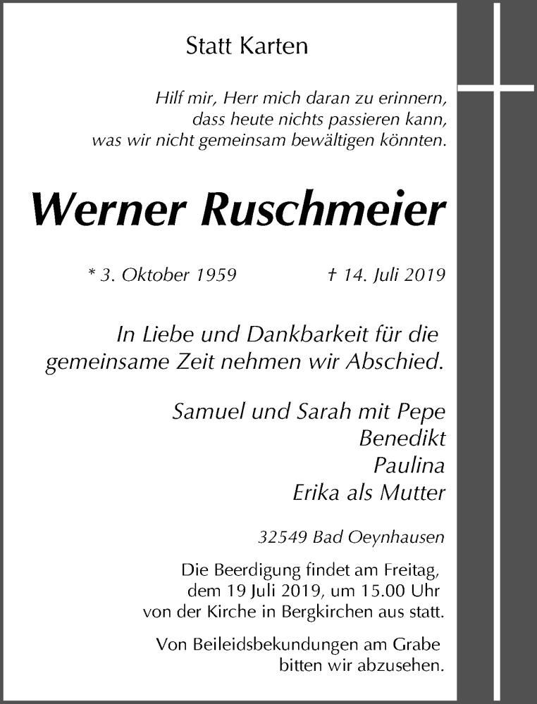  Traueranzeige für Werner Ruschmeier vom 16.07.2019 aus Neue Westfälische