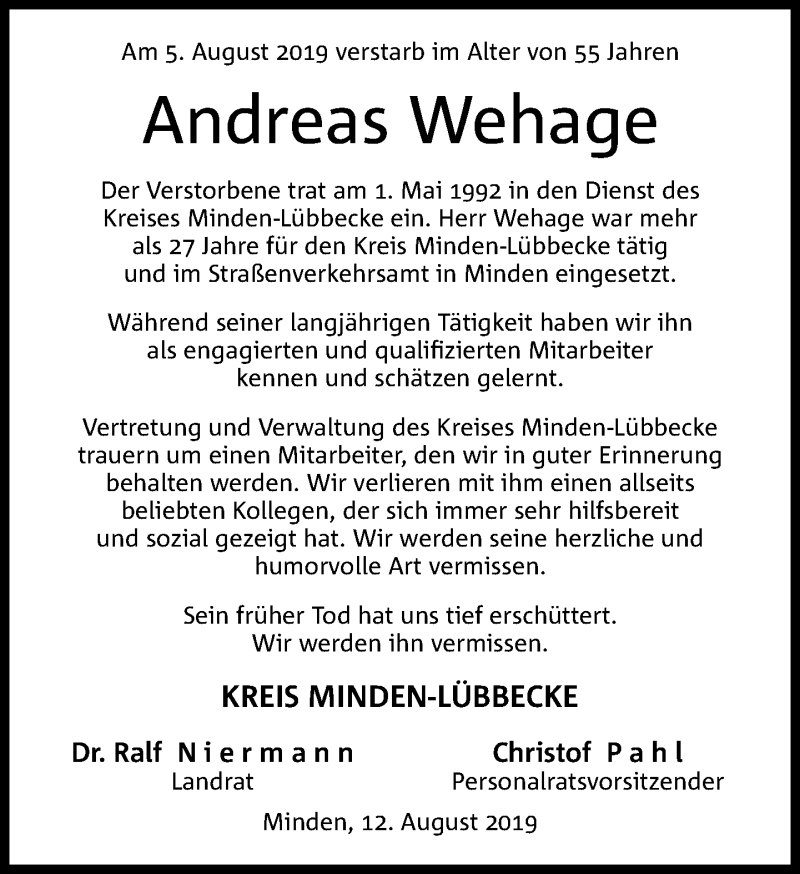 Traueranzeige für Andreas Wehage vom 13.08.2019 aus Neue Westfälische
