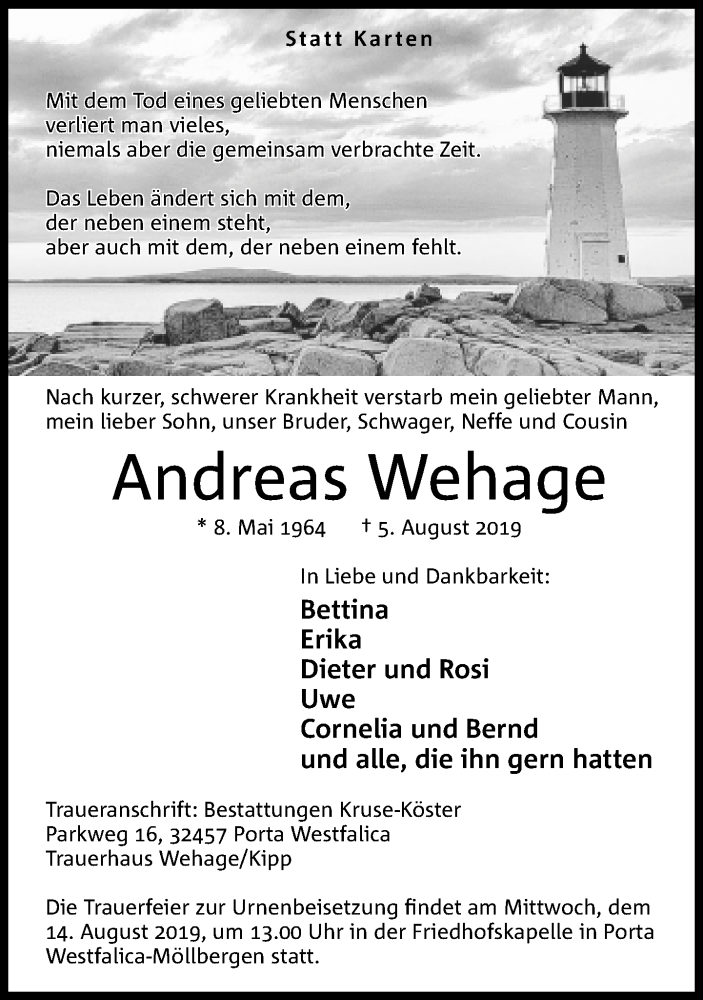  Traueranzeige für Andreas Wehage vom 10.08.2019 aus Neue Westfälische