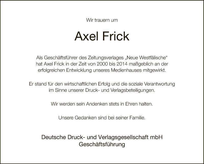  Traueranzeige für Axel Frick vom 07.08.2019 aus Neue Westfälische