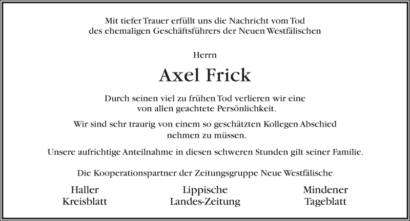  Traueranzeige für Axel Frick vom 07.08.2019 aus Neue Westfälische