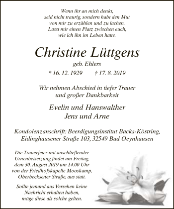 Traueranzeige von Christine Lüttgens