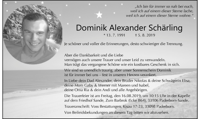  Traueranzeige für Dominik Alexander Schärling vom 10.08.2019 aus Neue Westfälische