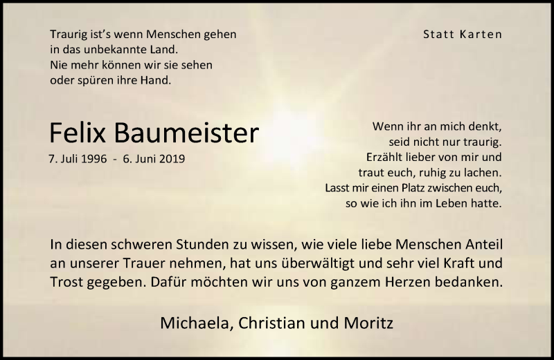  Traueranzeige für Felix Baumeister vom 31.08.2019 aus Neue Westfälische
