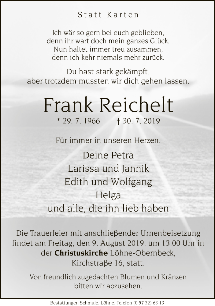  Traueranzeige für Frank Reichelt vom 03.08.2019 aus Neue Westfälische