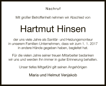 Traueranzeige von Hartmut Hinsen