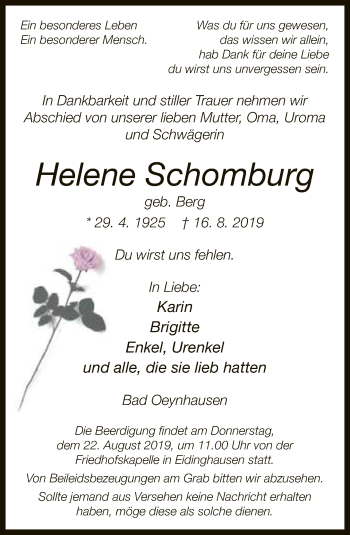 Traueranzeige von Helene Schomburg