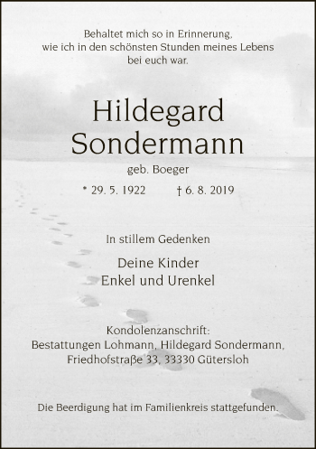 Traueranzeige von Hildegard Sondermann