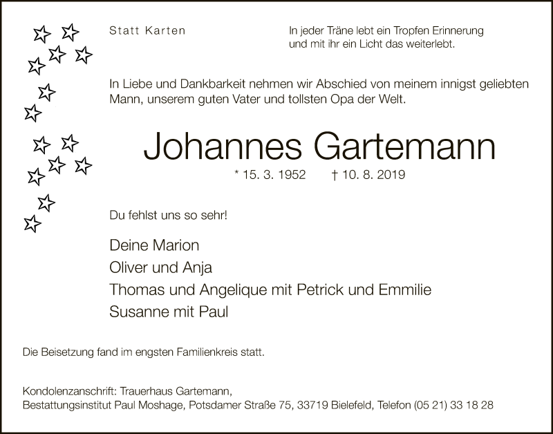  Traueranzeige für Johannes Gartemann vom 17.08.2019 aus Neue Westfälische