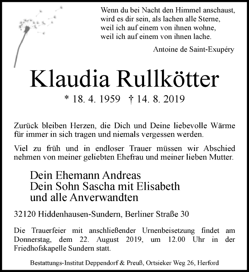  Traueranzeige für Klaudia Rullkötter vom 17.08.2019 aus Neue Westfälische