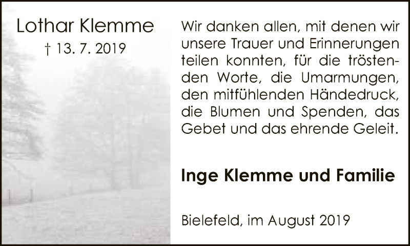  Traueranzeige für Lothar Klemme vom 31.08.2019 aus Neue Westfälische